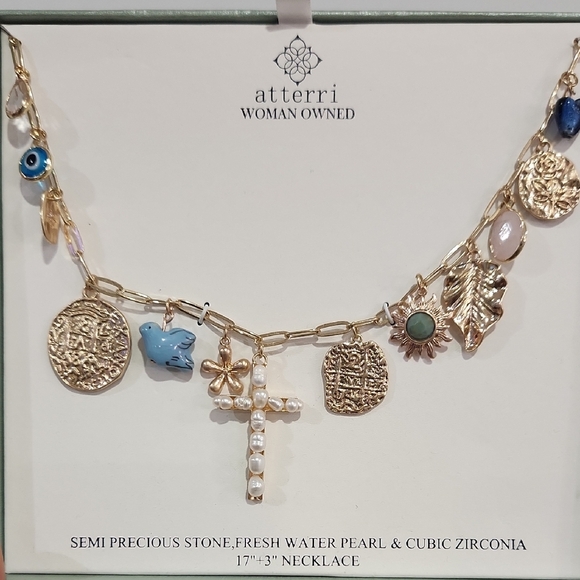 🔹️ATTERRI🔹️Cubic Zirconia  semi Precious Stone Fresh Water Pearl 17" Necklace - Picture 9 of 10